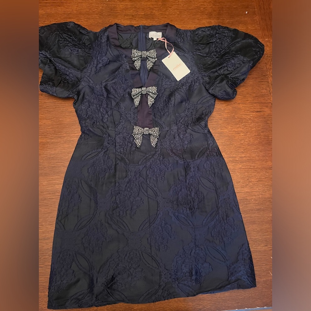 Women’s event dress, NWT, navy with embellished bows